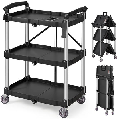 VEVOR Foldable Utility Service Cart, 3 Shelf 165LBS Heavy Duty Plastic Rolling Cart with Lockable Wheels, Ergonomic Handle, Portable Garage Tool Cart for Warehouse/Office/Home(25.62"x15.43"x32.76")