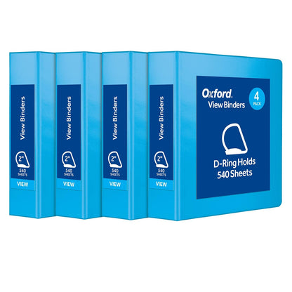 Oxford - Carpeta de 3 anillos, carpetas para escuela y oficina, anillos duraderos de 2 pulgadas, capacidad para 540 hojas, carpeta de presentación ClearVue, azul, paquete de 4