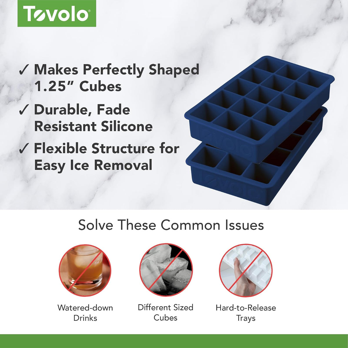 Tovolo Perfect Cube - Juego de 2 bandejas de hielo (índigo profundo), moldes de silicona reutilizables para whisky, cócteles, café, accesorios de camarero y batidos, sin BPA y apto para lavaplatos