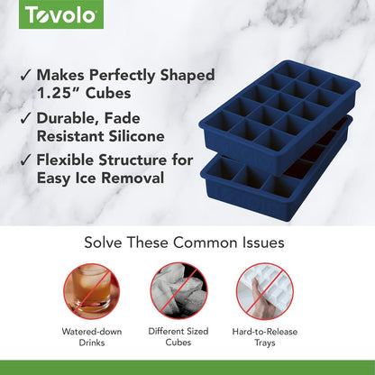 Tovolo Perfect Cube - Juego de 2 bandejas de hielo (índigo profundo), moldes de silicona reutilizables para whisky, cócteles, café, accesorios de camarero y batidos, sin BPA y apto para lavaplatos