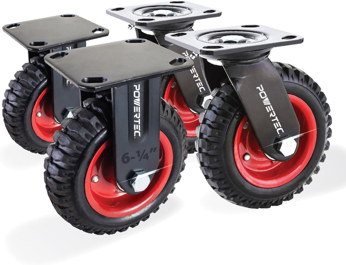 POWERTEC Juego de 4 Ruedas Giratorias de 6 Pulgadas | 15.24 cm, 2 giratorias y 2 fijas, ruedas resistentes con banda de rodadura de goma
