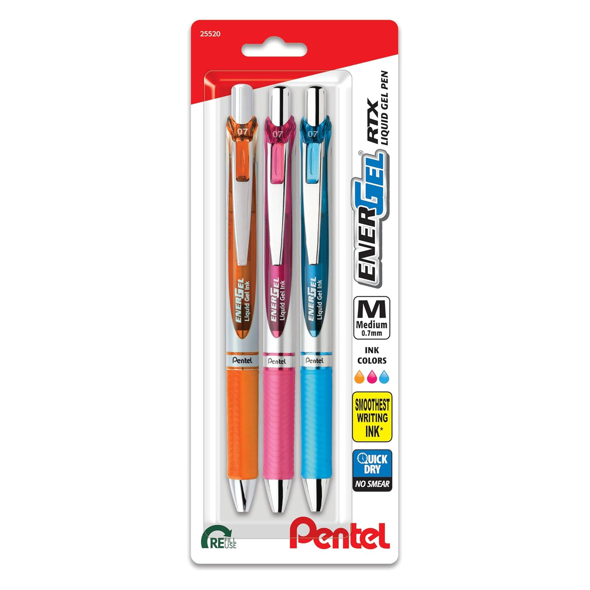 Pentel EnerGel Deluxe RTX Bolígrafo de gel líquido retráctil, línea media, punta de metal, tinta surtida, paquete de 3 (BL77BP3M2)