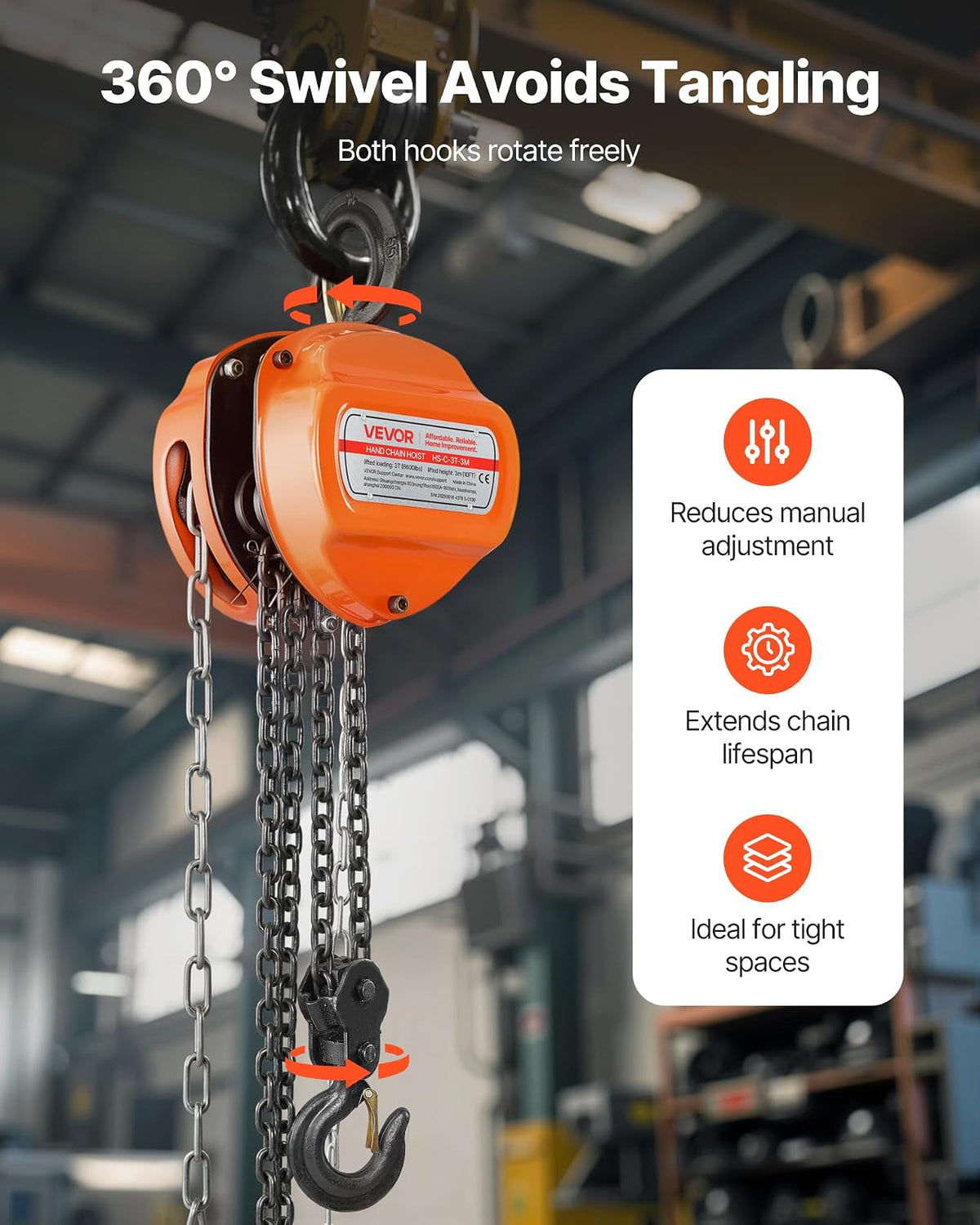 VEVOR Polipasto de Cadena Manual, Polipasto de Polea Resistente con Cadena Galvanizada G80 Mejorada, Altura de Elevación de 3 m Carga de 3 T para Garaje, Almacén y Maquinaria Automotriz, Naranja