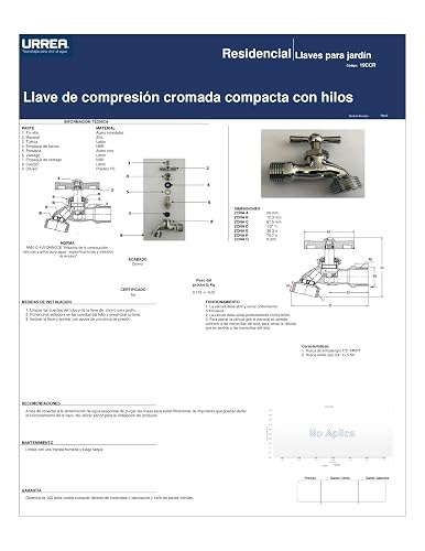 URREA 19CCR Llave de Compresión Cromada Compacta Con Hilos, Acabado en Cromo