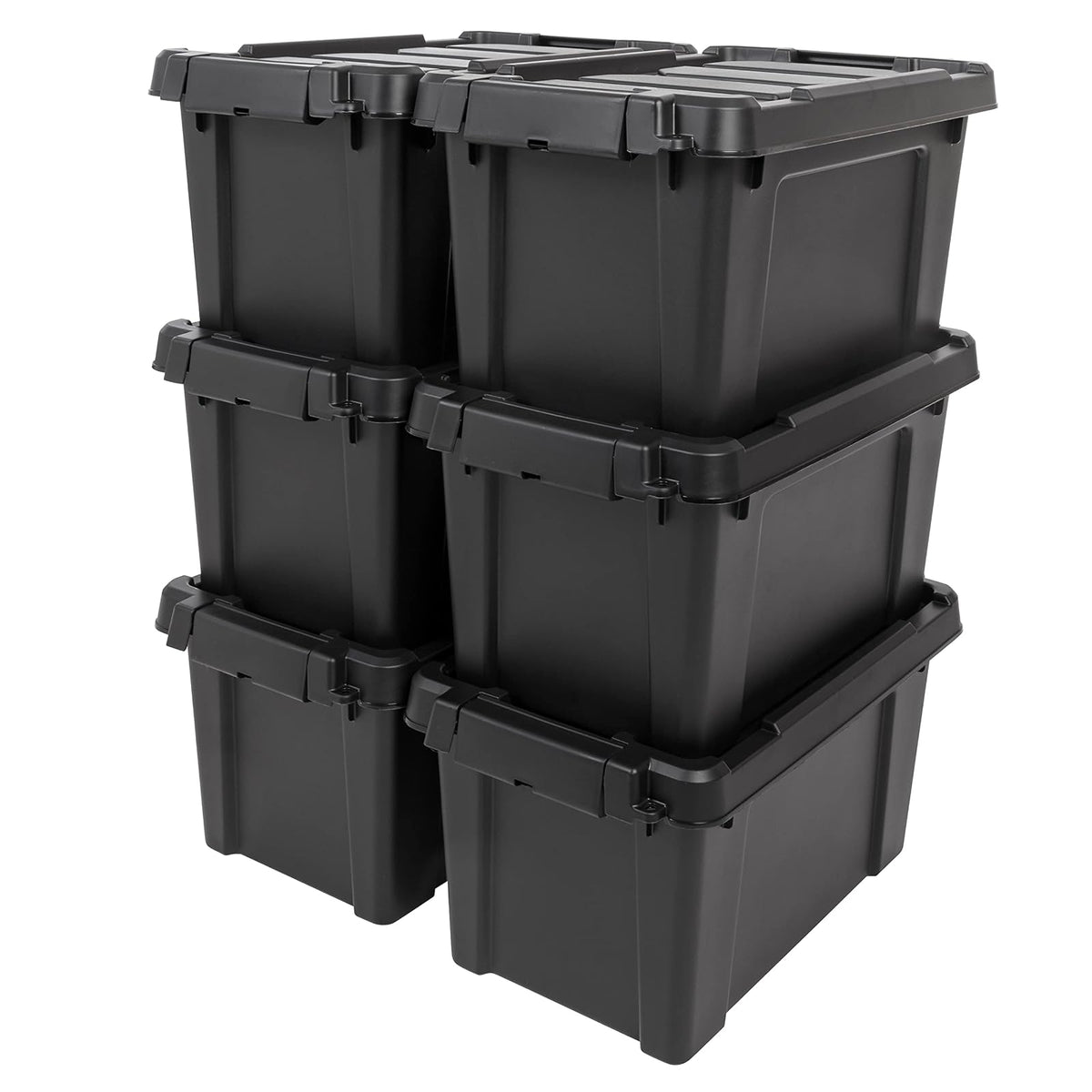 IRIS USA 6 Contenedores Resistentes de 5 Gal con Tapa, Negro | Diseñado para herramientas, ferretería, suministros de emergencia y equipos pequeños. Diseño apilable.