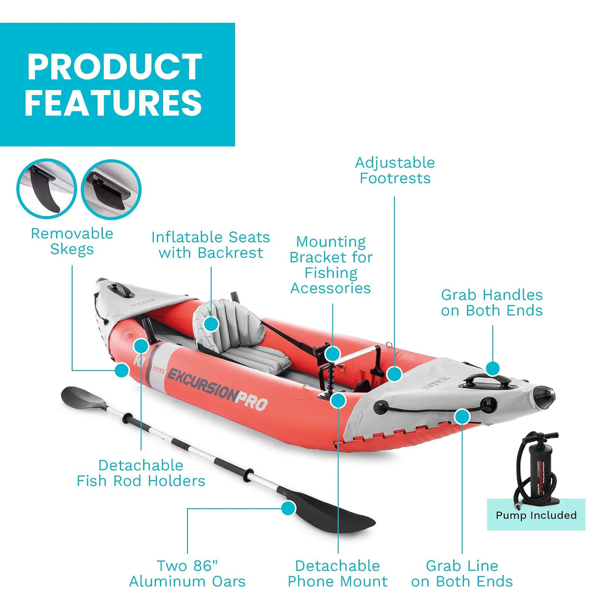 Serie de Kayak Inflable INTEX Excursion Pro: Incluye paletas de Kayak de Lujo de 86 Pulgadas y Bomba de Alto Rendimiento, PVC superresistente, Asiento de cubeta Ajustable, Soportes para caña de