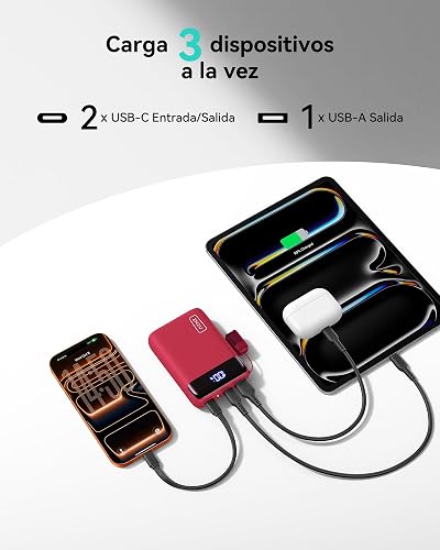 INIU Power Bank, Pequeño 20000mAh 22,5W Carga Rapida Bateria Phone Externa | Cable USB C Desmontable, Apto para Avión, Esenciales de Viaje, Bateria Portatil para iPhone 17, Samsung, iPad, etc. [Rojo]