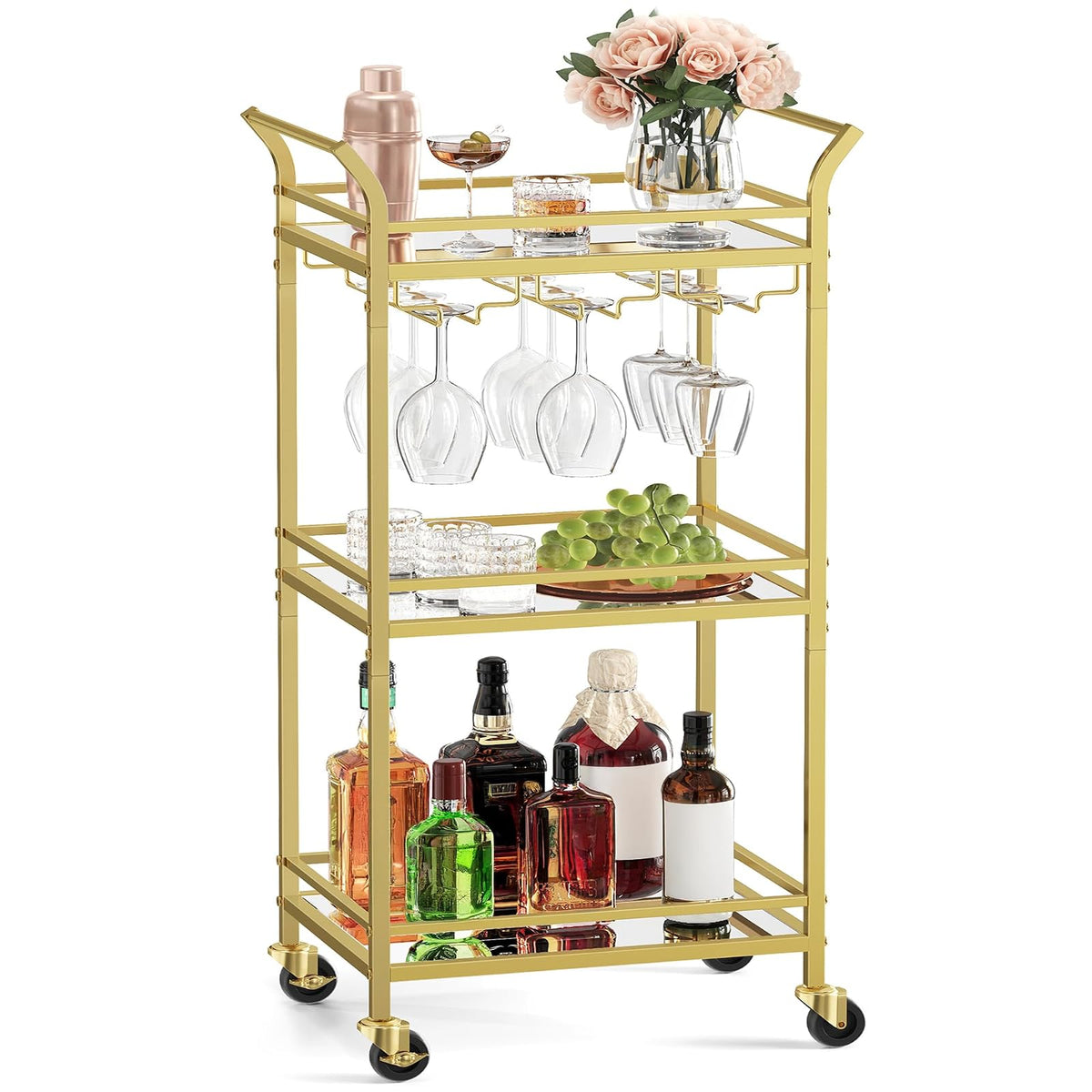 VASAGLE Carrito de 3 Niveles, Minicarrito de Bar, Ruedas, Pasamanos | Espacios Pequeños, Cocina, Comedor, Baño, Salón, Dorado Claro, Gris, Colección BARIS MLRC091A62