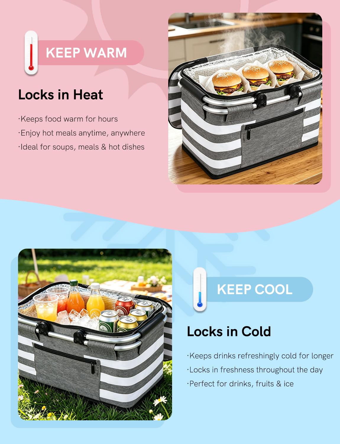 KEFOMOL Cesta de Picnic aislada a Prueba de Fugas, Bolsa enfriadora Plegable de 26 litros con Tapa, 2 Asas Resistentes, Cesta de Almacenamiento para Picnic, Entrega de Alimentos, para Llevar, Compras