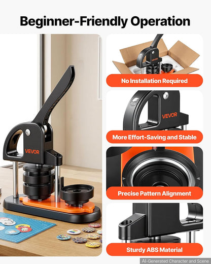VEVOR Máquina para hacer botones, 2.25 pulgadas/58 mm con 100 piezas de botón, fabricante de botones con libro mágico de panda y kit de prensa ergonómico de mango de arco para niños, regalos de