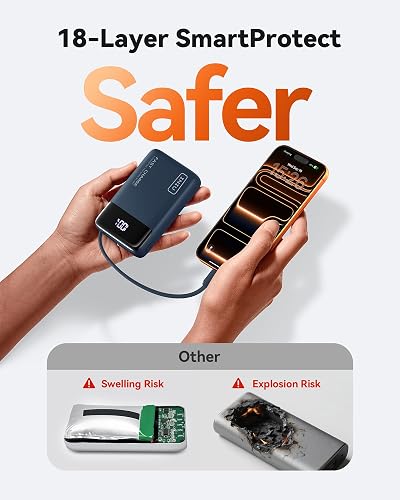 INIU Cargador portátil, pequeño Banco de energía de 20000 mAh con Cable USB-C Integrado, Mini batería de Carga rápida de 45 W, Cargador de teléfono Esencial de Viaje para Estudiantes universitarios