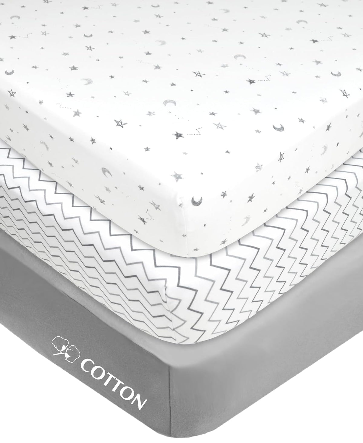 American Baby Company Sábana Ajustable de Algodón para Mini Cuna - Gris, Multicolor (Star, Zigzag) - Paquete de 3