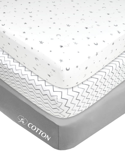 American Baby Company Sábana Ajustable de Algodón para Mini Cuna - Gris, Multicolor (Star, Zigzag) - Paquete de 3