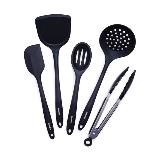 GreenPan - Juego de utensilios de cocina de 5 piezas, silicona antiadherente flexible, sin manchas, pinzas, volteador, espátula, skimmer y cuchara ranurada, color negro