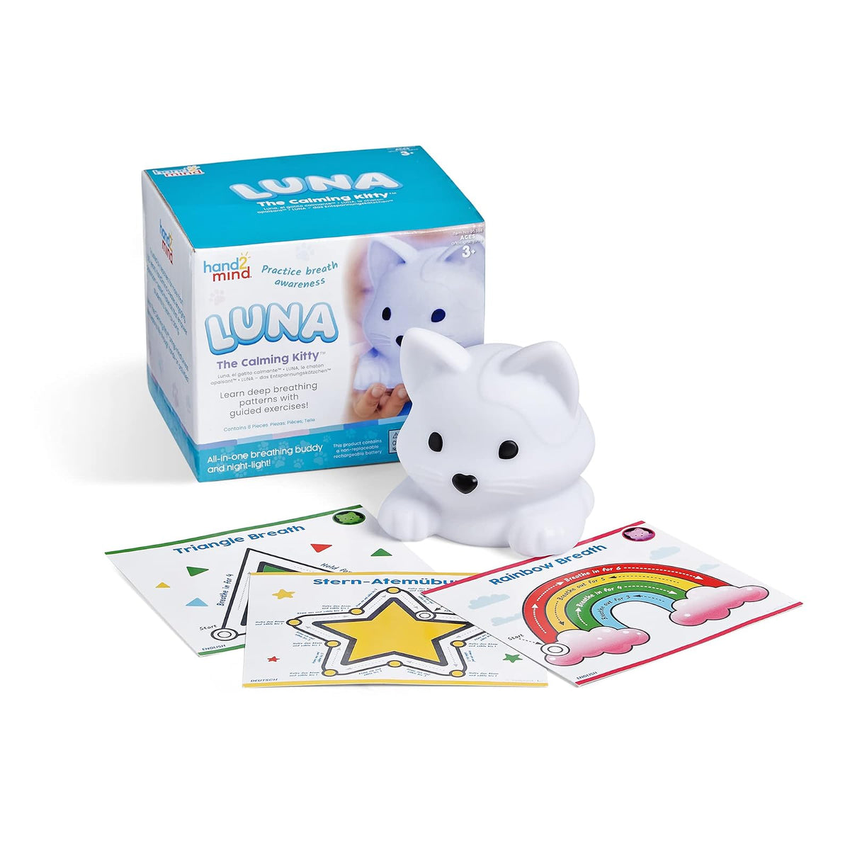 hand2mind Luna The Calming Kitty, Learn Deep Breathing, Rechargeable Animal Night Light, Kids Anxiety Relief, Mindfulness for Kids, Calm Down Corner Supplies, Social Emotional Learning Activities