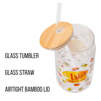 Silver Buffalo Gilmore Girls Luke's Diner - Vaso de vidrio con tapa de bambú y popote de vidrio, 16 onzas