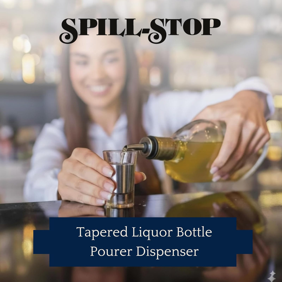 Spill-Stop 285-50 - vertedor de licor chapado en cromo, boquilla cónica de flujo última intervensión con Poly-Kork para vertido de velocidad media controlada, acabado chapado en cromo sin costuras