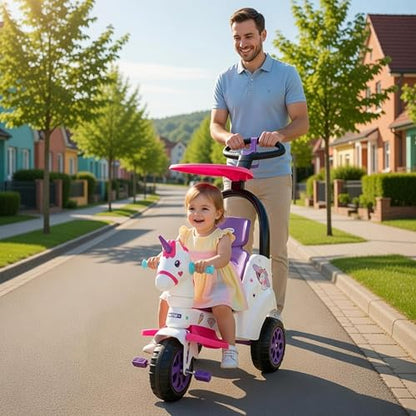 PRINSEL | Triciclo Push Car| Triciclo Montable para Niñas | Supertrike Unicornio| Blanco | De 2 a 6 Años, Barra de Empuje, Descansapies, Techo Removibles, Luces y Sonido | Artículos para Niños