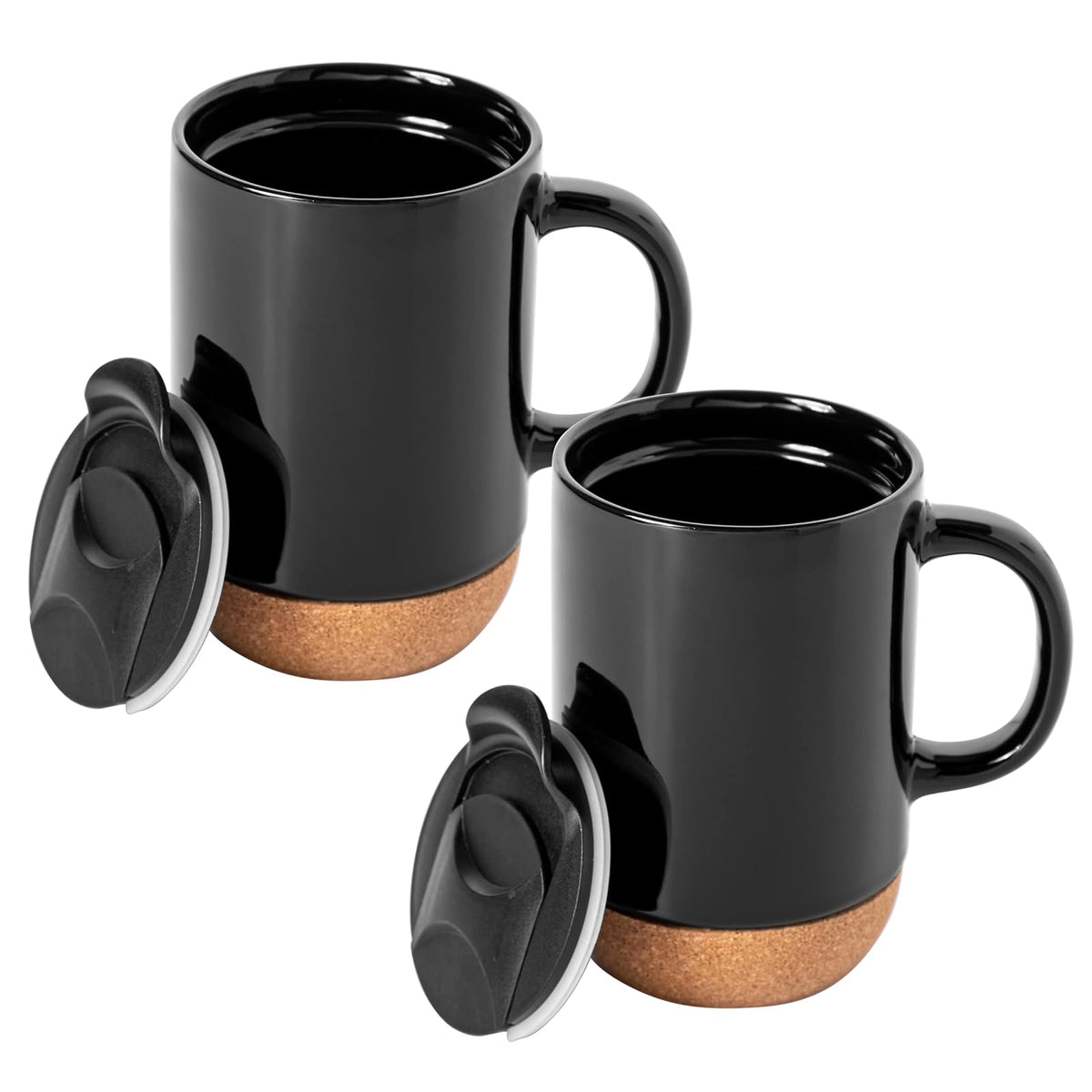 Gibson Home Modani Juego de 2 tazas de cerámica grandes de 16 onzas con parte inferior y tapa de corcho extraíble, color negro