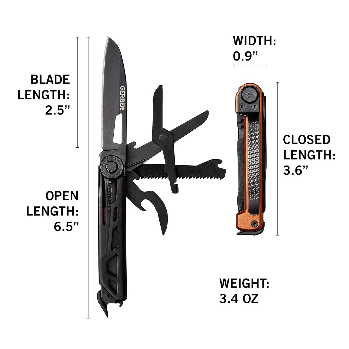 Gerber Gear Armbar Scout Multiherramienta 7 en 1 | Burnt Orange, hoja de borde liso de 2.5 pulgadas, martillo, tijera, sierra, acero inoxidable, clip de bolsillo