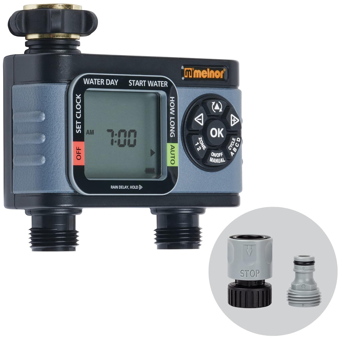 Melnor 65166AMZ HydroLogic - Temporizador Digital de Manguera con Temporizador programable de 2 Zonas, Paquete de conexión rápida, Negro, Gris