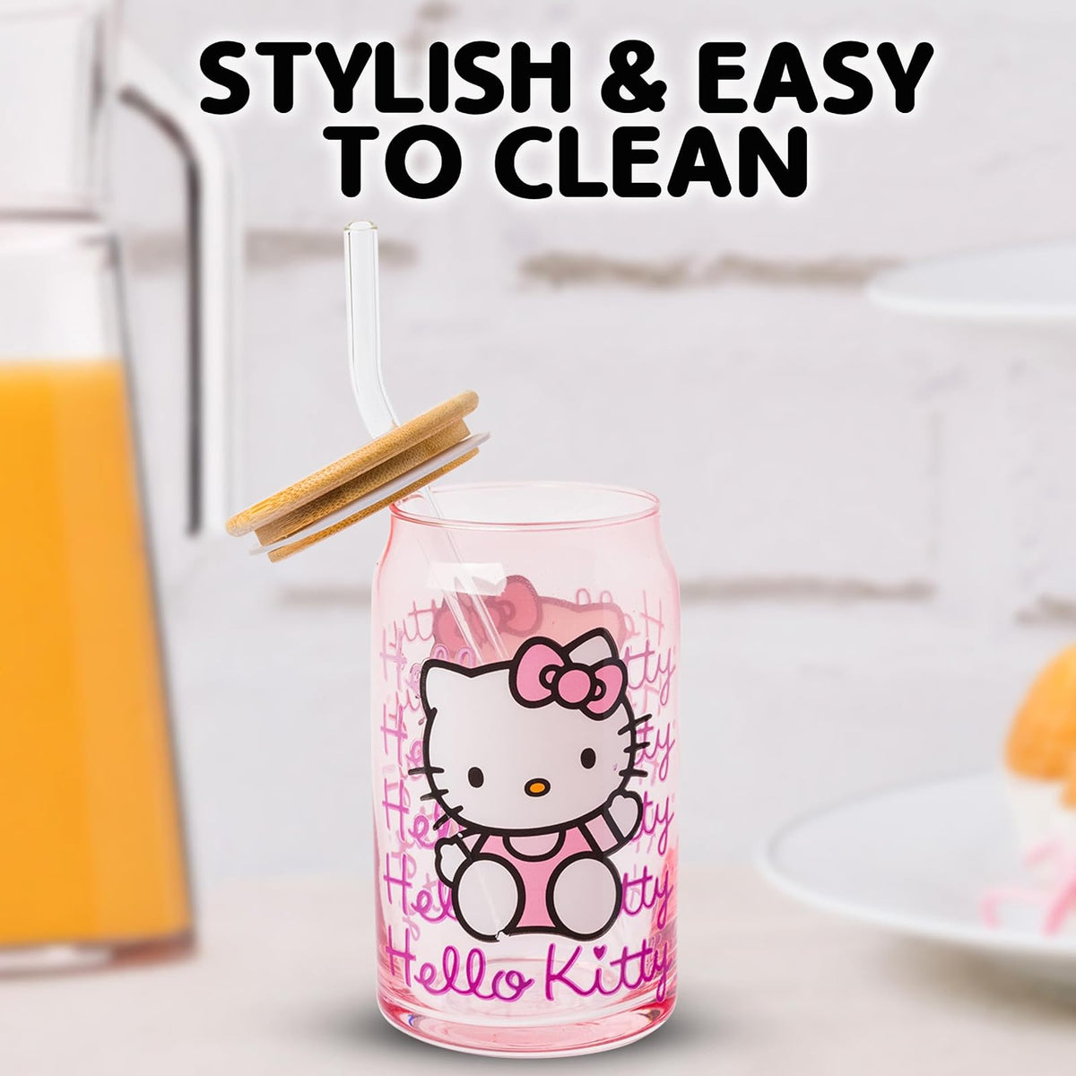 Silver Buffalo Sanrio Hello Kitty - Vaso de vidrio rosa con tapa de bambú y popote de vidrio, 16 onzas