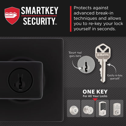 Kwikset - Manija de puerta de entrada Breton con cerradura y llave, palanca reversible con llave segura, para entrada frontal y dormitorios, negro mate, resistente a la púa Smartkey Rekey Security y