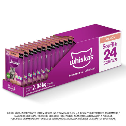 WHISKAS - Alimento Húmedo para Gatitos, Sabor a Soufflé de Salmón, 24 Sobres para Gato, 85 gr., c/u