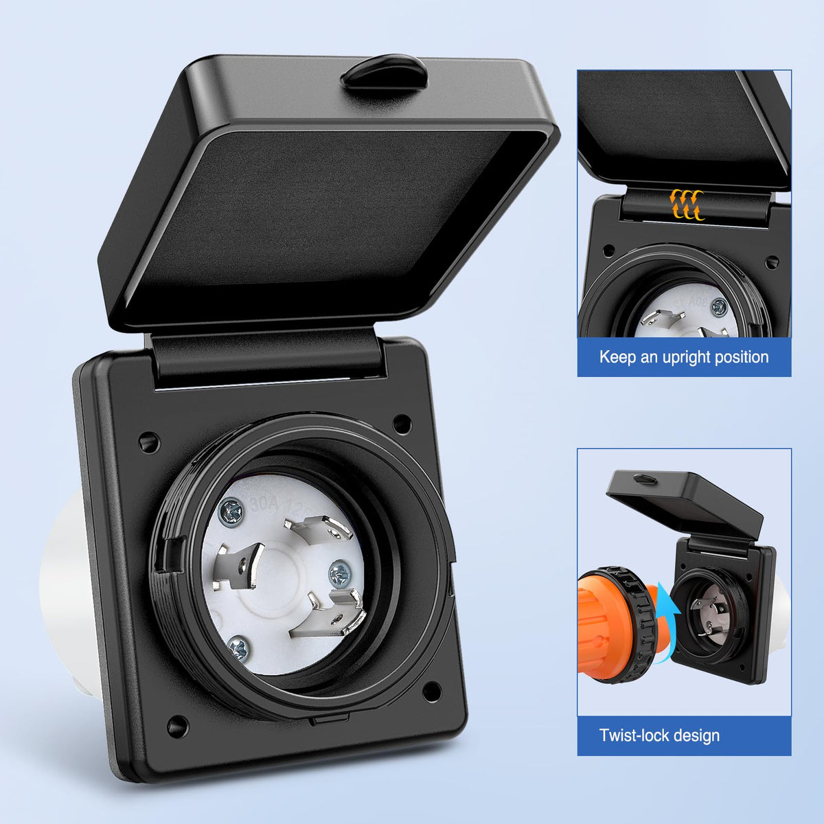 Nilight - Receptáculo de 30 amperios para autocaravana, 125 V, con bloqueo giratorio, NEMA L5-30P, caja de entrada con enchufe macho con brida cerrada y cerrada, con tapa para caravana, caravana,