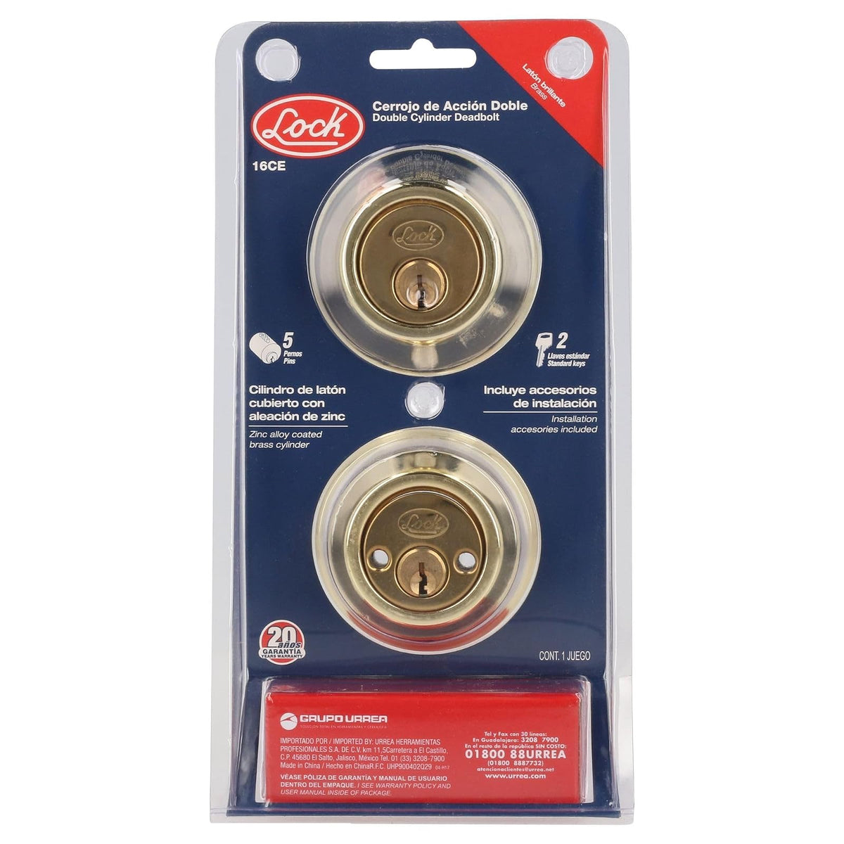 Lock 16CE Cerrojo Tubular Doble Acabado, Latón Brillante