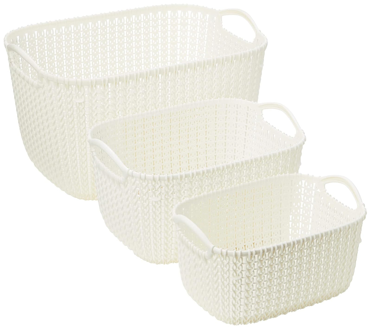 Curver - Set de 3 Canastas Knit, Juego de 3 Cestas De Plástico Estilo Ratán, L + S + XS, Organizadoras, Multiusos, Blanco Oasis