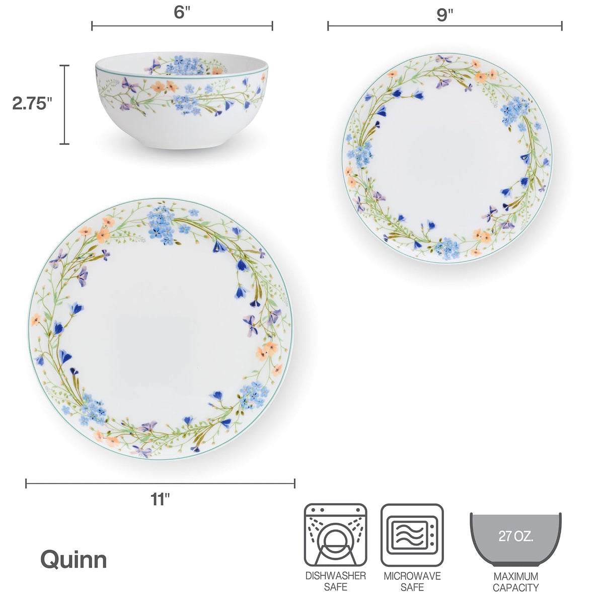 Mikasa Quinn - Juego de vajilla de 12 piezas de porcelana ligera, servicio para 4