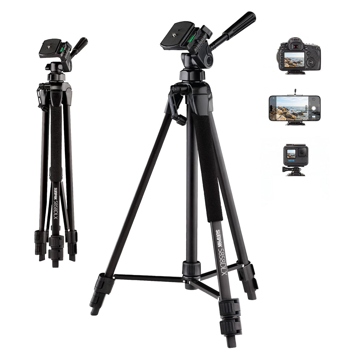 Sunpak 5858DLX Tripié con Cabeza de 3 Movimientos 5858DLX, y adaptadores para Smartphones and GoPro