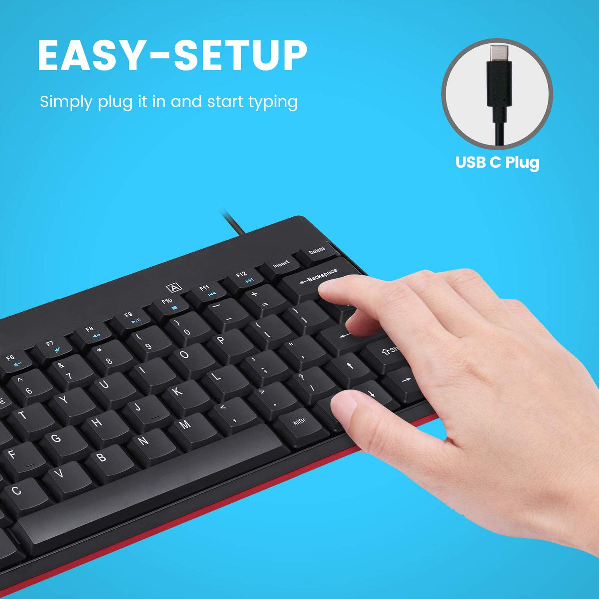 Perixx PERIBOARD-422 - Mini Teclado USB-C con Cable, Conector USB Tipo C, Color Negro, diseño en inglés Estadounidense