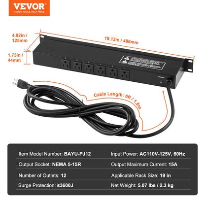 VEVOR - Tira de alimentación PDU Horizontal de 12 tomacorrientes de 1U para Racks de servidores de Red, protección contra sobretensiones y protección contra sobrecarga, 110-125V/15A, con Cable de