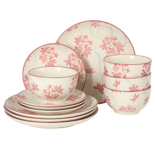 Gibson Home Admiral salón - Juego de vajilla de cerámica mate de 12 piezas, platos de cena, platos de ensalada y cuencos con patrón floral rosa, juego de platos duradero para todos los días, apto para