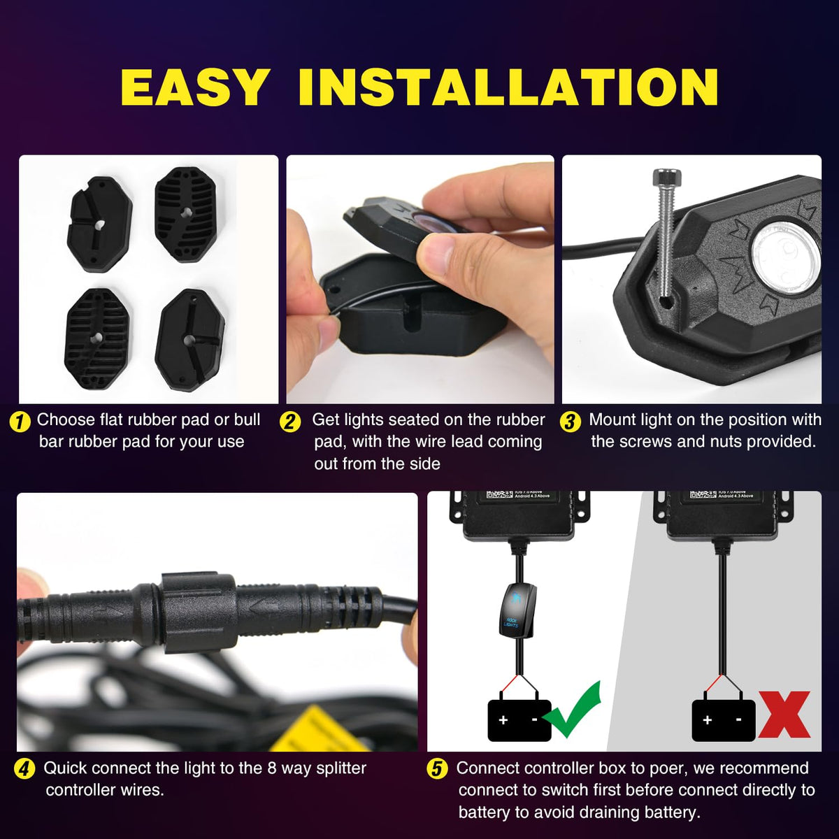 Nilight - Kit de luces LED RGB, 6 cápsulas de neón multicolor con control de aplicación Bluetooth, modo de música intermitente, IP68, luz exterior para camión, ATV, UTV, RZR, SUV