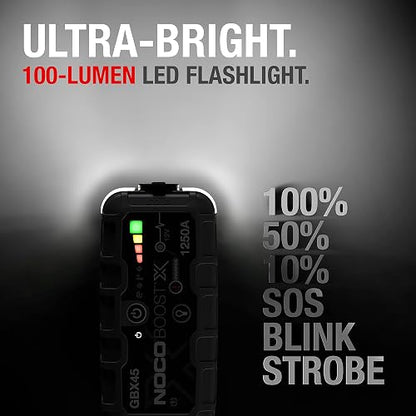 NOCO Boost X GBX45: Arrancador de batería de Auto 1250A – Booster de Litio portátil 12V, Power Bank y Cables para Pasar Corriente – para Motores de Gasolina hasta 6.5L y diésel hasta 4.0L