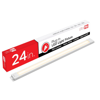 UltraPro 24 pulg. Luminaria LED enlazable, Brillo seleccionable, Tira de luz LED delgada, Iluminación debajo del gabinete, Luz de cocina, Interruptor HI / OFF / LOW, 44107, Blanco