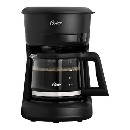 Oster Cafetera, de 5 Tazas de Capacidad, con Filtro Reutilizable, Botón con Luz de Encendido y Apagado, Función Pausa y Servir, Ventanilla de Agua, Jarra con Medidas, Color Negro,