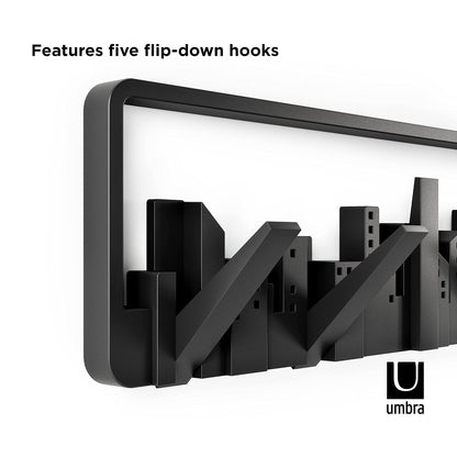 Umbra Skyline Perchero Decorativo de Pared con 5 Ganchos Retráctiles para Colgar Bolsas y Abrigos, Negro
