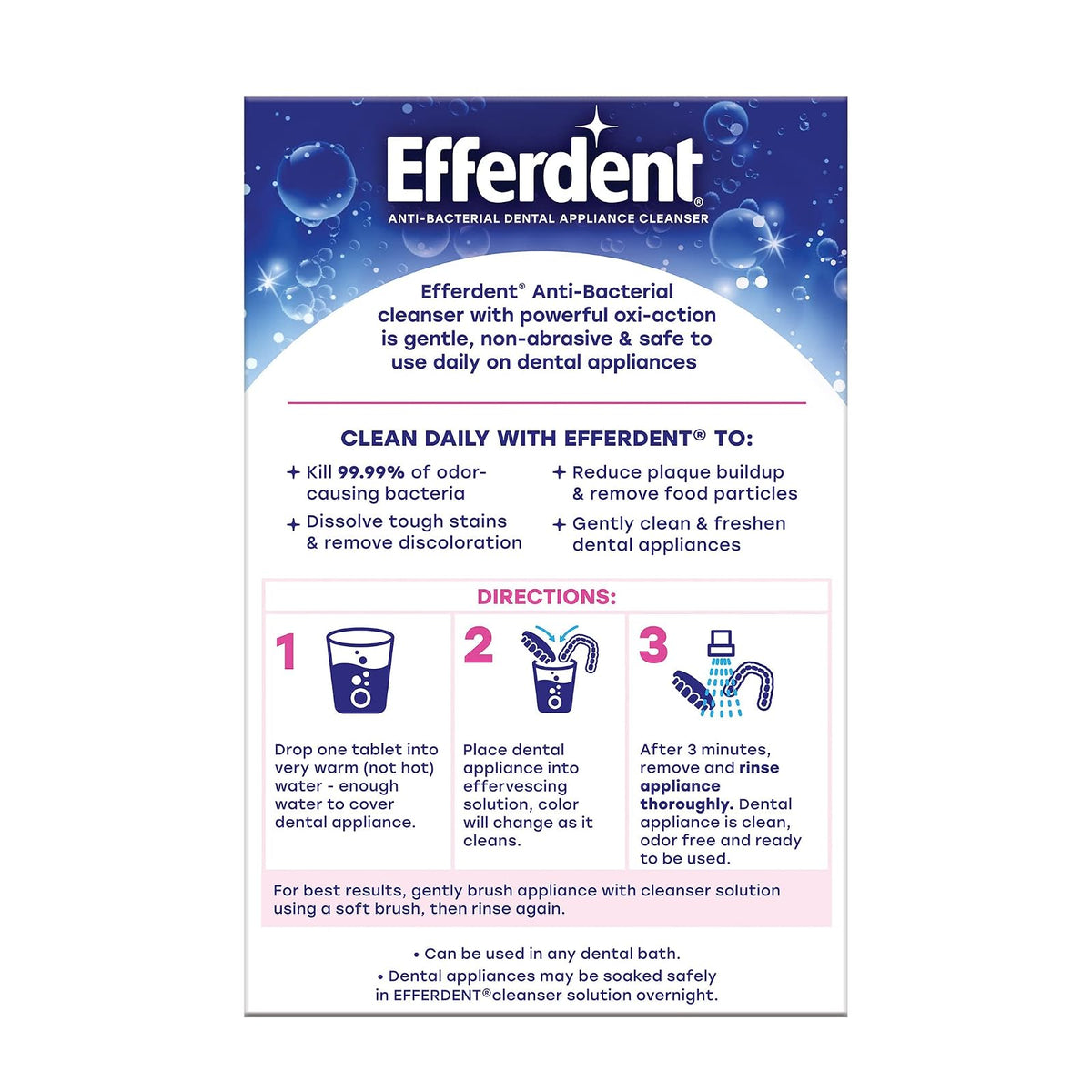 Efferdent Tabletas Limpiadoras de Dentaduras, Limpieza Completa, Limpiador para Retenedores y Aparatos Dentales, 102 Tabletas