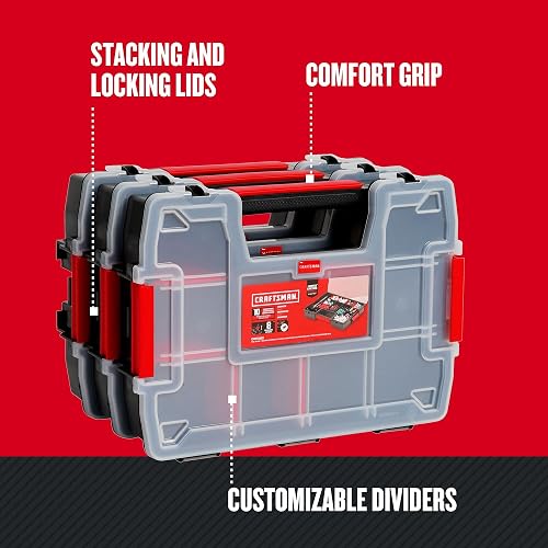 CRAFTSMAN Organizador de almacenamiento, organizador de piezas pequeñas, paquetes de 3 con 10 compartimentos, tapa incluye cierre seguro (CMST60964M)