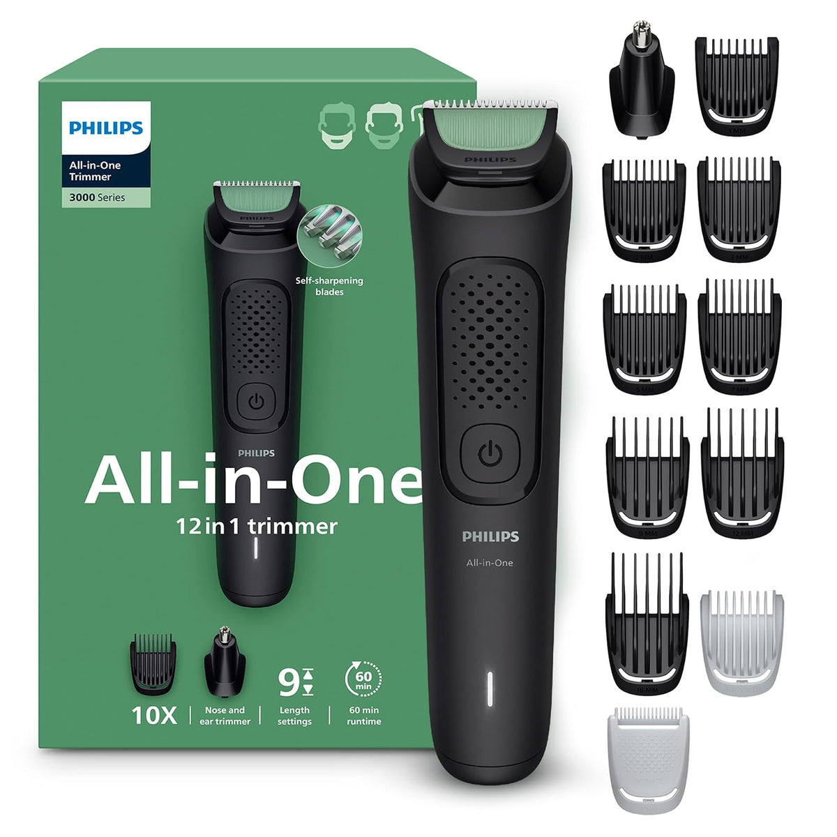 Philips Multigroom Serie 3000 Recortadora Todo en Uno para Hombre | Una herramienta para crear tu estilo en cara, cabello y cuerpo | 12 accesorios | Inlcuye recortador nariz y oreja | MG3921/15