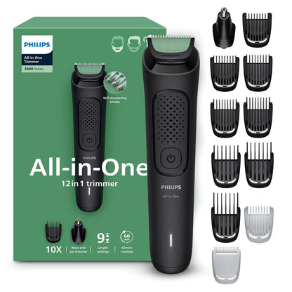 Philips Multigroom Serie 3000 Recortadora Todo en Uno para Hombre | Una herramienta para crear tu estilo en cara, cabello y cuerpo | 12 accesorios | Inlcuye recortador nariz y oreja | MG3921/15