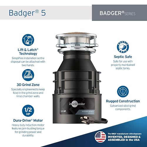 InSinkErator Badger 5 Eliminación de basura con cable de alimentación, serie estándar 1/2 HP triturador de residuos de alimentos, tejón 5 W/C, sin tamaño, negro/gris