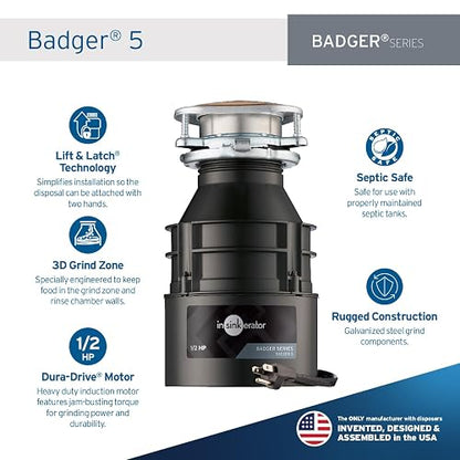 InSinkErator Badger 5 Eliminación de basura con cable de alimentación, serie estándar 1/2 HP triturador de residuos de alimentos, tejón 5 W/C, sin tamaño, negro/gris