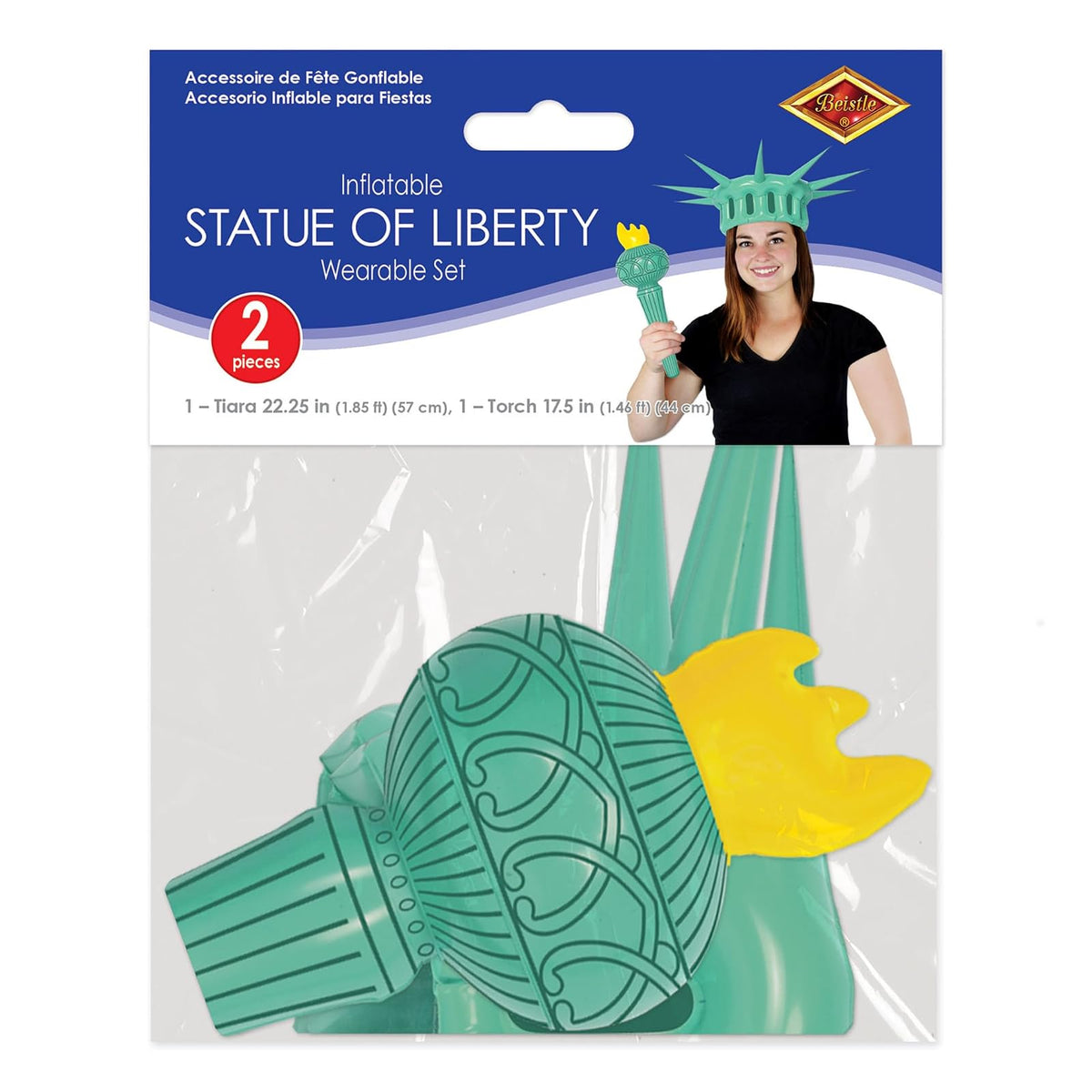 Beistle - Corona y antorcha inflables con estatua de la Libertad, accesorios de fiesta patriótica, traje del 4 de julio para eventos de desfiles, corona, antorcha de 22 ¼ pulgadas, 17 ½ pulgadas