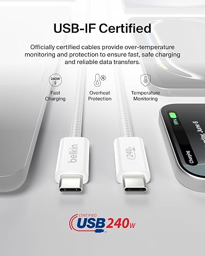 Belkin Cable USB-C a USB-C 2M 240W Carga Rápida Trenzado | iPhone 17, Samsung Galaxy S26, Pixel 10, Airpods, iPad, Nintendo Switch 2, MacBook, Steam Deck, viajes, Chromebook, trenzado