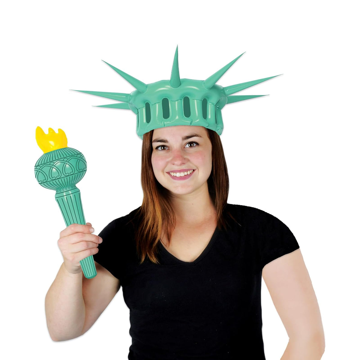 Beistle - Corona y antorcha inflables con estatua de la Libertad, accesorios de fiesta patriótica, traje del 4 de julio para eventos de desfiles, corona, antorcha de 22 ¼ pulgadas, 17 ½ pulgadas